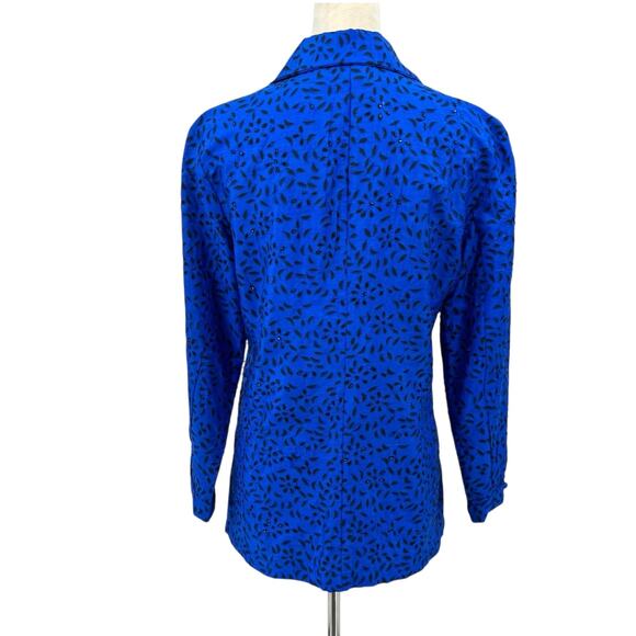 Chico's Vtg Sz 1 Royal Blue Black Textured Beaded 100% Silk Button Front Blouse - Picture 3 of 12